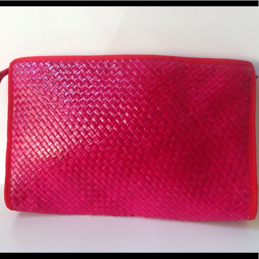 Vintage Pink Straw Clutch Fuchsia Rattan Large Bag - Picture 2 of 3